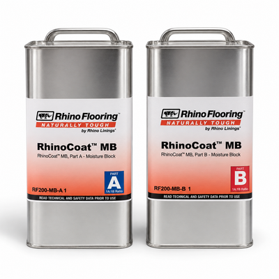 RhinoCoat MB 2-gallon kit with one-gallon Part A and one-gallon Part B cans shown together on a white studio background.