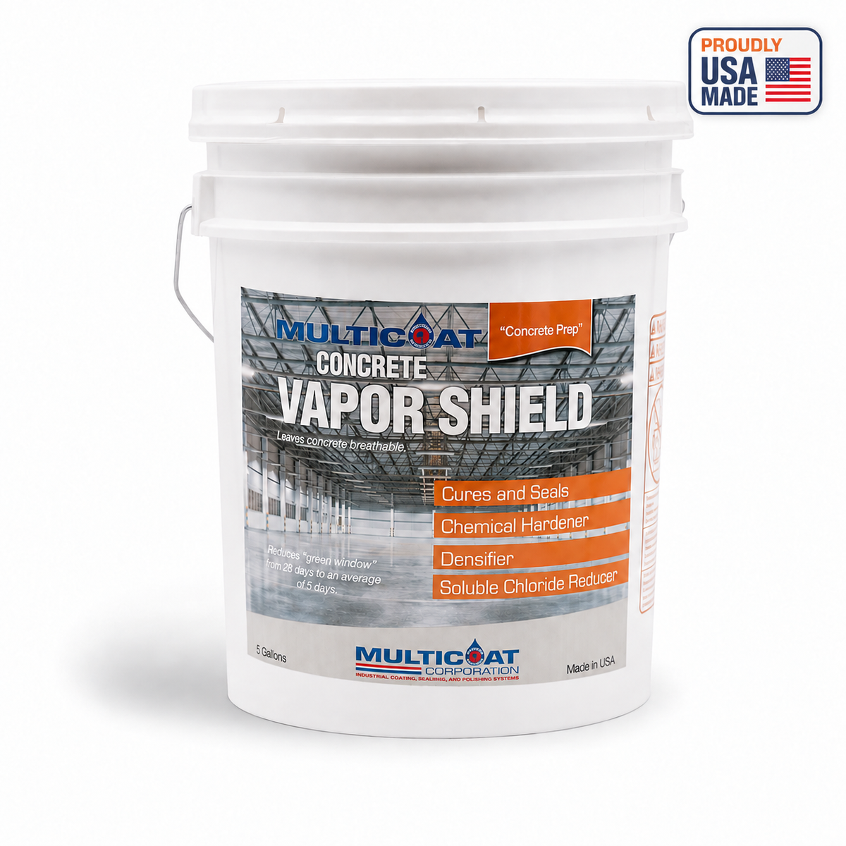 Multicoat Vapor Shield five-gallon pail on a white studio background with a Proudly USA Made flag badge.