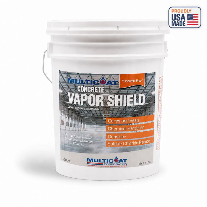 Multicoat Vapor Shield five-gallon pail on a white studio background with a Proudly USA Made flag badge.