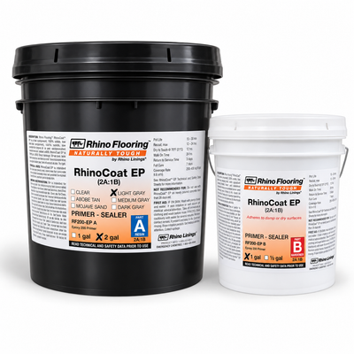 RhinoCoat EP Light Gray three-gallon kit, two-gallon Part A pail and one-gallon Part B pail on a white studio background.