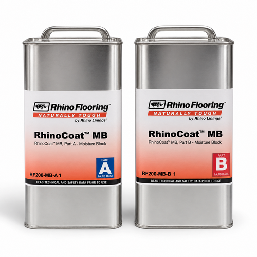 RhinoCoat MB 2-gallon kit with one-gallon Part A and one-gallon Part B cans shown together on a white studio background.