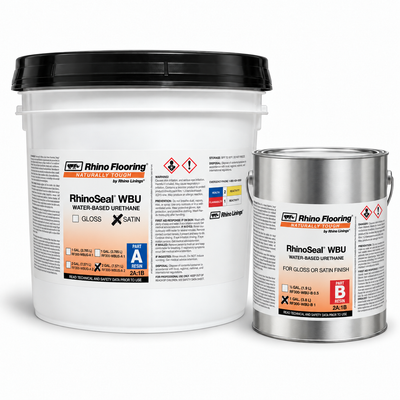 RhinoSeal WBU Satin three-gallon kit, two-gallon Part A pail and one-gallon Part B can on a white studio background.