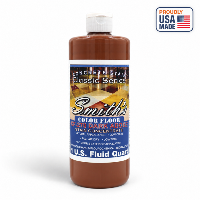 Smith's Color Floor CF-270 Dark Adobe stain concentrate, one-quart bottle on a white studio background with Proudly USA Made badge.