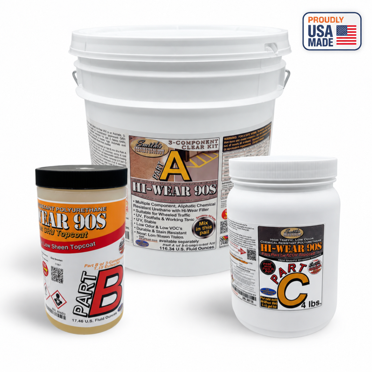 Smith's Hi-Wear 90S three-component kit with Part A pail, Part B container and Part C additive jar, on a white studio background with Proudly USA Made badge. Representative packaging.